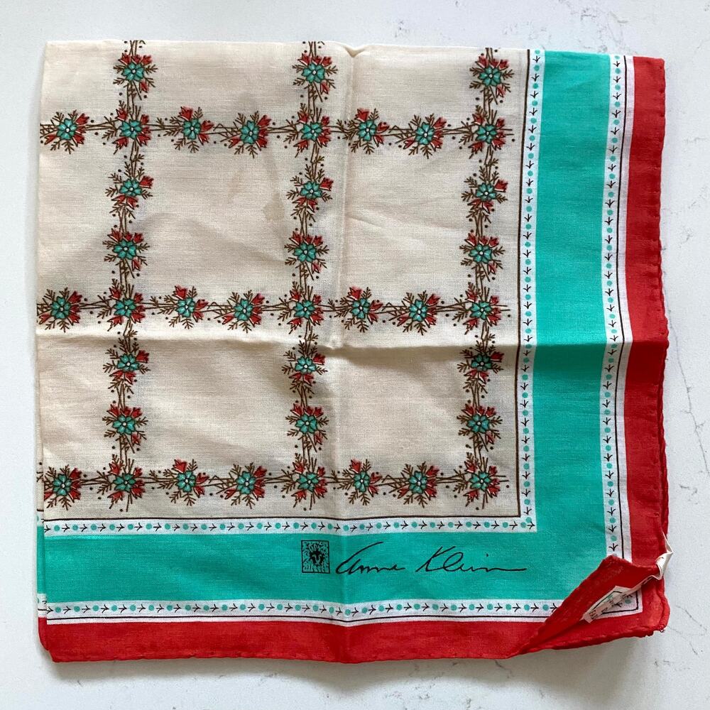 Anne Klein 20" Cotton Square Scarf in Orange & Turquoise Florals Made in Italy‎